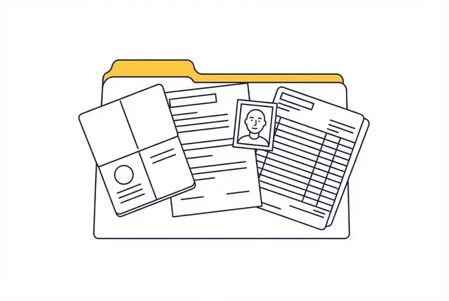 Ilustración de una carpeta abierta con pasaporte, formulario, foto tipo documento y extractos bancarios